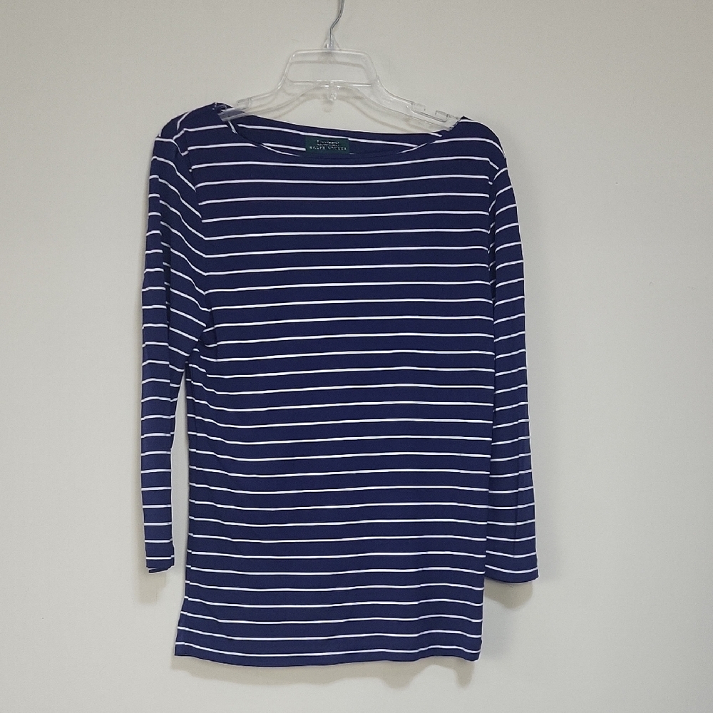 LAUREN RALPH LAUREN Blue White Stripe Rayon Blend Boatneck 3/4 Sleeve Top